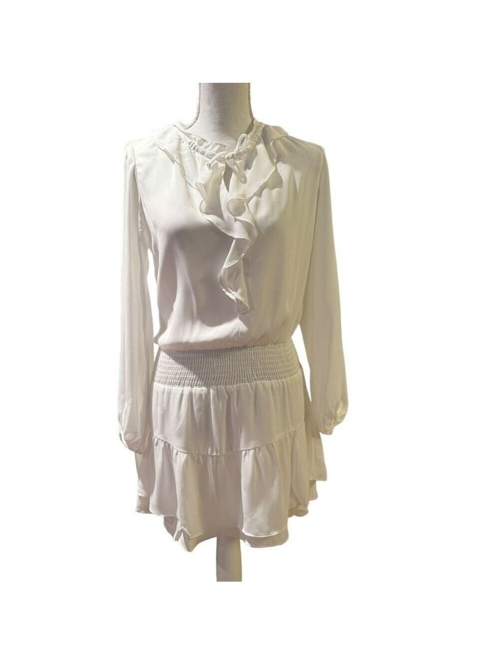 Krisa @ Revolve Ivory Ruffle Neck Surplice Layered Mini Dress New Size XS - Picture 3 of 9